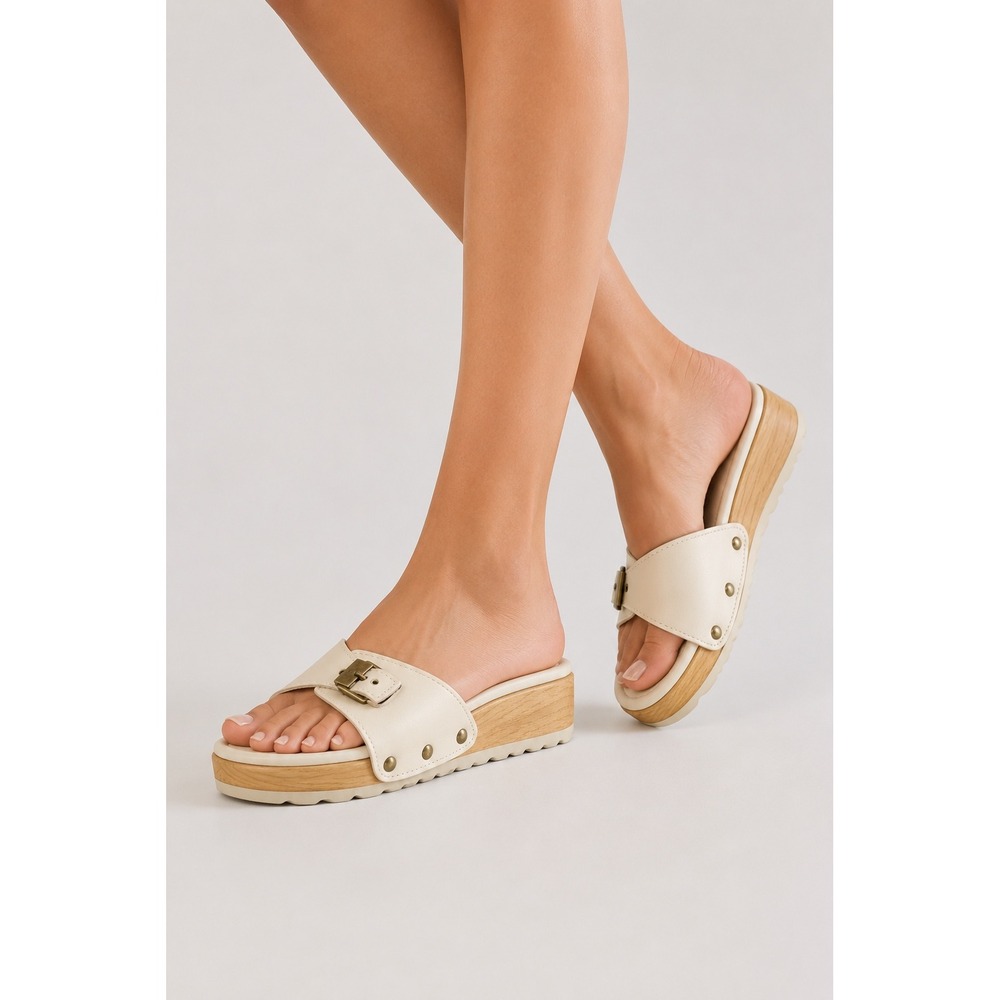 MUSSE & CLOUD Leather Sandal Slides Size 9 Platform Buckle Wedge Cream Spain